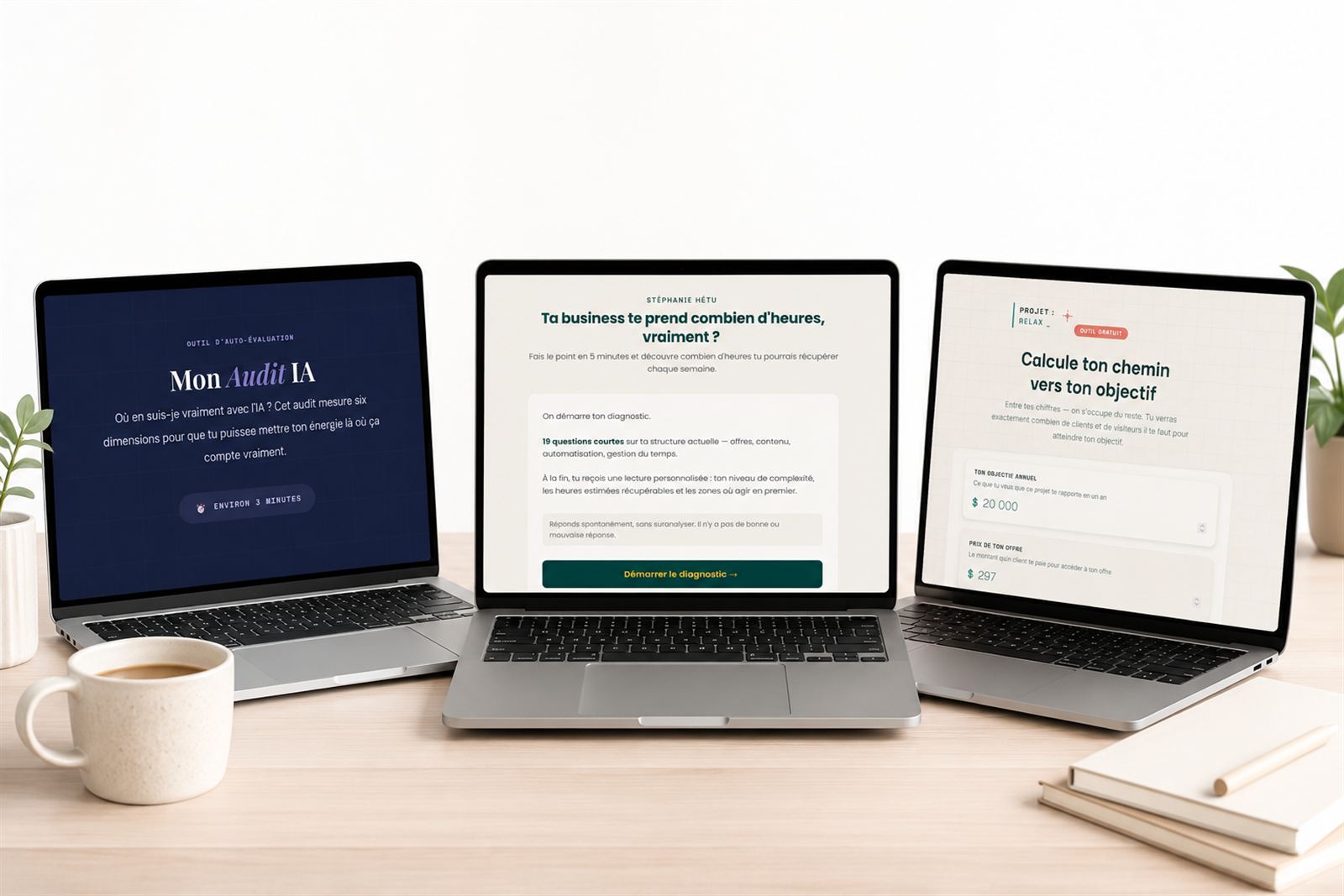 Trois exemples de lead magnets interactifs : un audit IA, un diagnostic d'heures perdues, un calculateur d'objectif