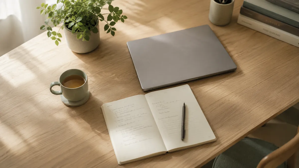 Espace de travail vu de haut : portable fermé, carnet ouvert, tasse et plante verte