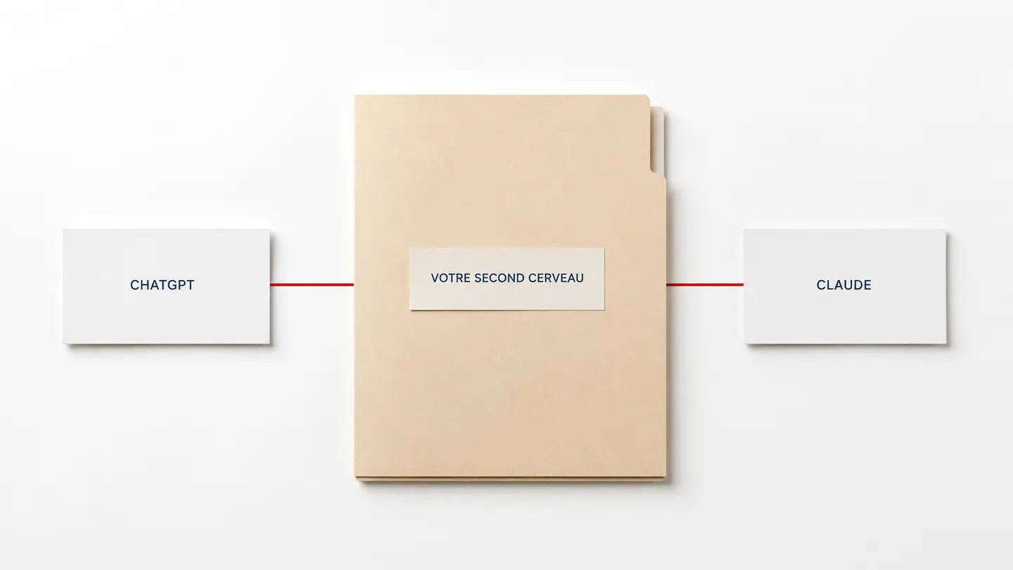 Une chemise cartonnée étiquetée Votre second cerveau, reliée par un trait rouge à deux cartons, ChatGPT et Claude