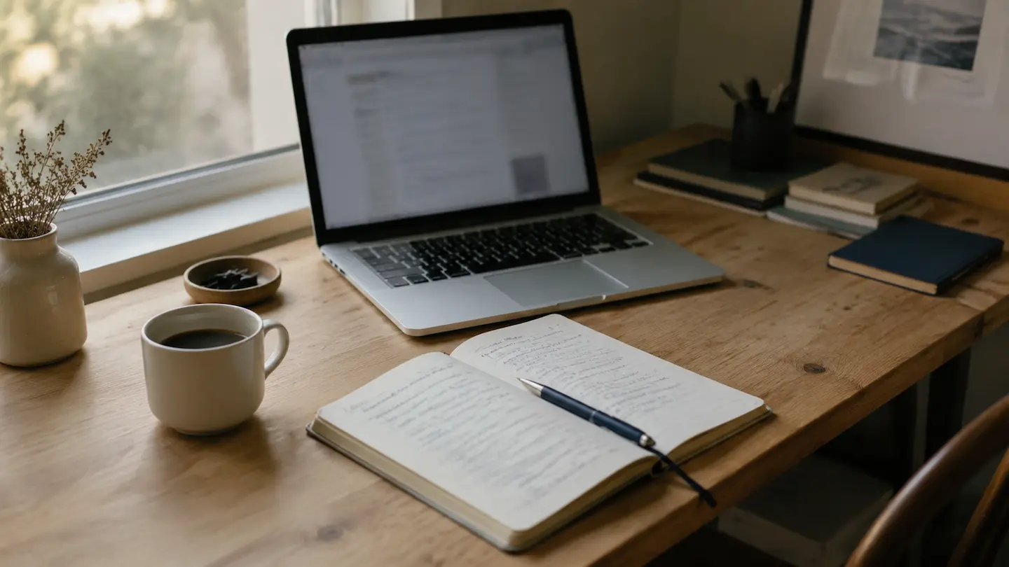 Un bureau de bois clair près d'une fenêtre, avec un ordinateur portable, un carnet ouvert et une tasse de café