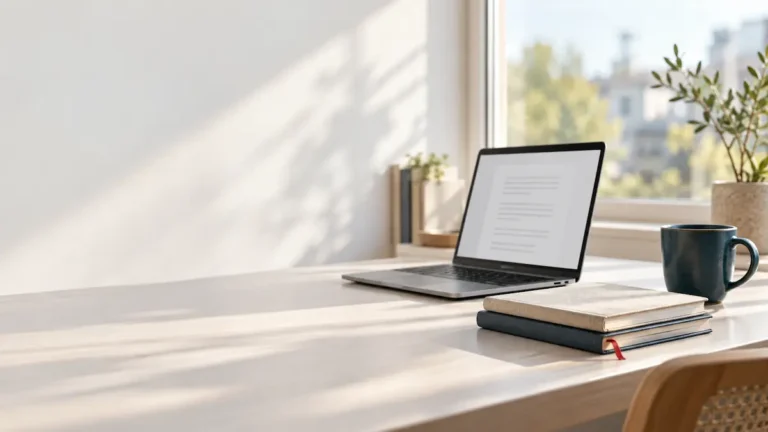 Un bureau de bois clair près d'une fenêtre, avec un ordinateur portable ouvert sur un document, deux carnets empilés et une tasse de café