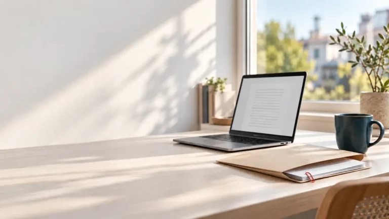 Une chemise cartonnée beige sur un bureau clair, avec des feuilles imprimées glissées dedans et un trombone rouge