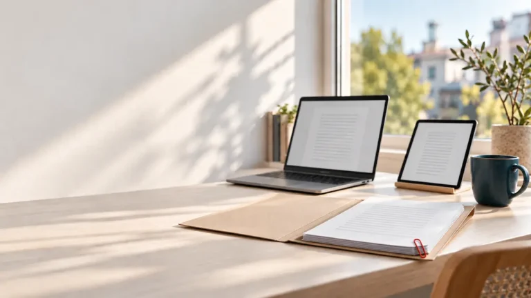 Un dossier de second cerveau IA ouvert sur un bureau, entre un ordinateur portable et une tablette qui affichent le même document