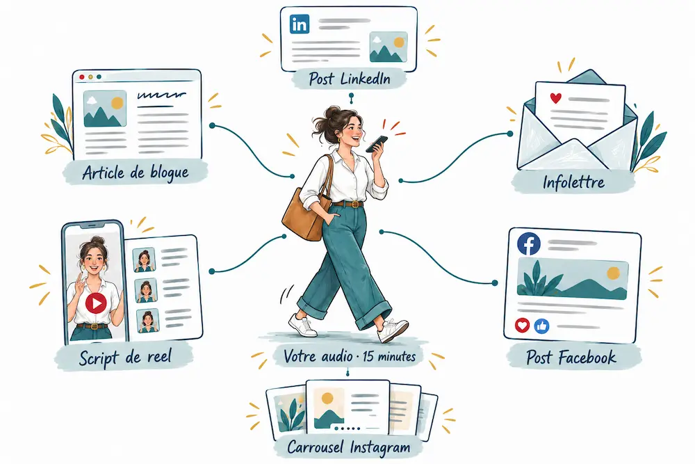 Une femme marche en parlant dans son téléphone : votre audio de 15 minutes. Autour d'elle, six branches mènent à un post LinkedIn, une infolettre, un post Facebook, un carrousel Instagram, un script de reel et un article de blogue.